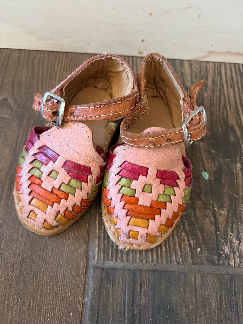 Kids Pink Multicolor Woven Leather Mary Jane Shoes